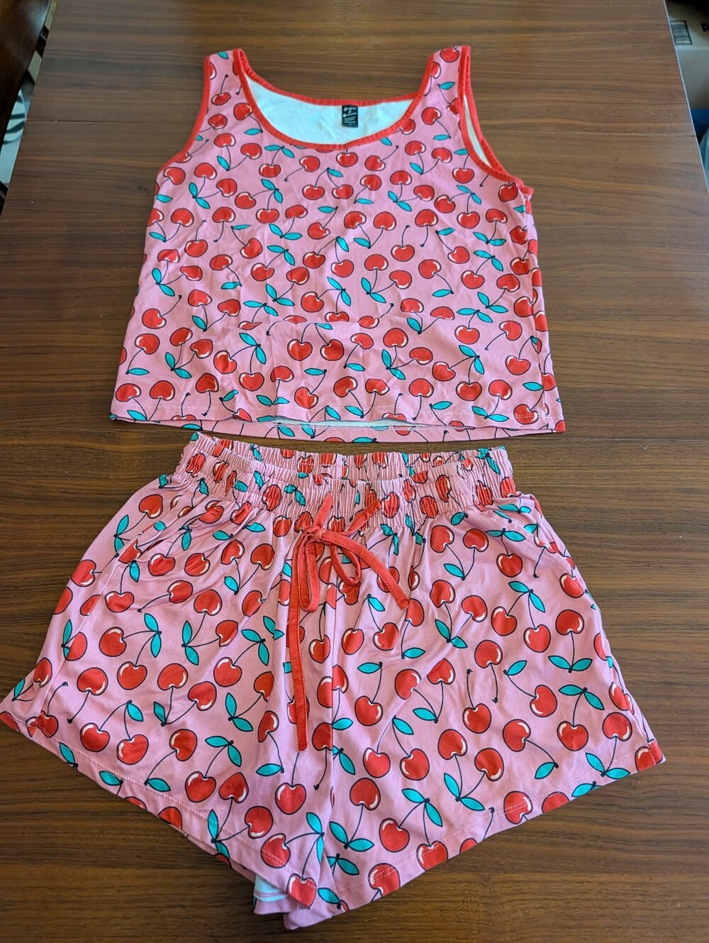 Pop Fit Cherry Print Pink Pajama Lounge Set Sleeveless Tank & Shorts Pre Owned